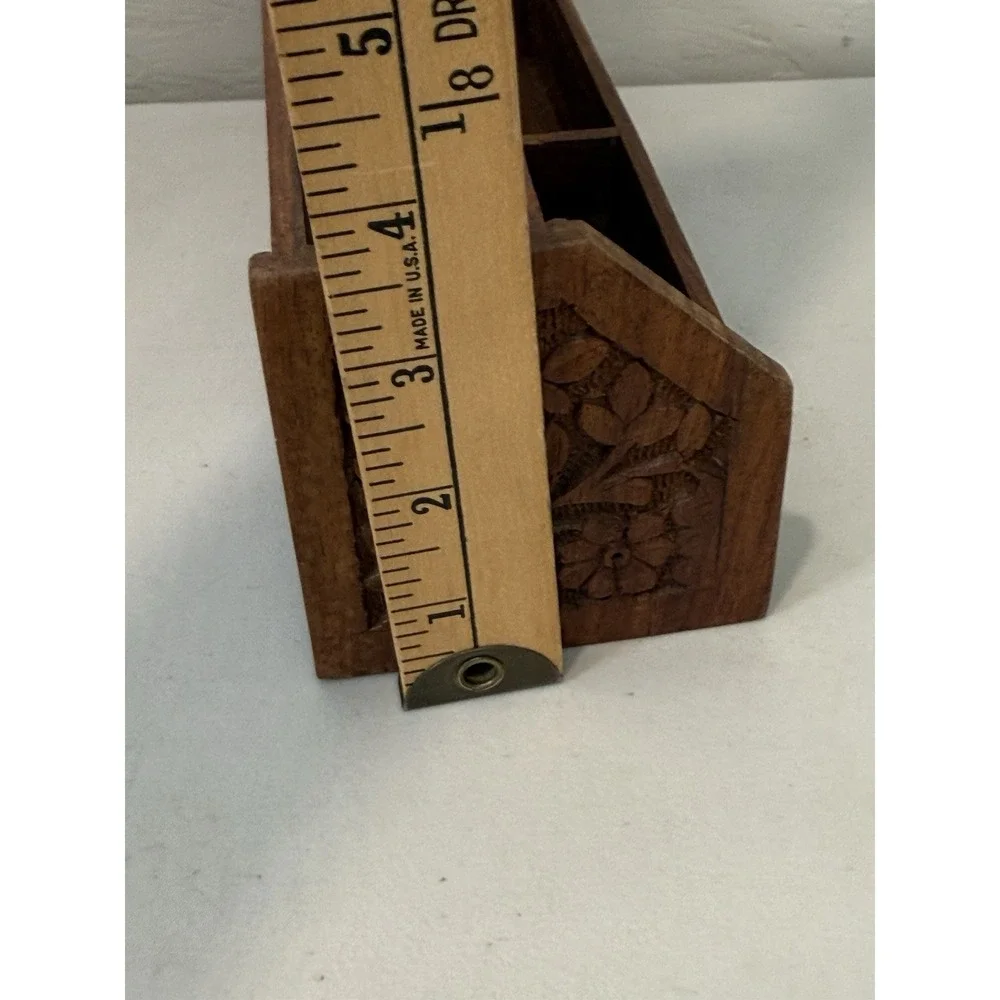 Vintage Wood Desk Organizer Brass Inlay Letter Holder Mail Sorter Paper Caddy